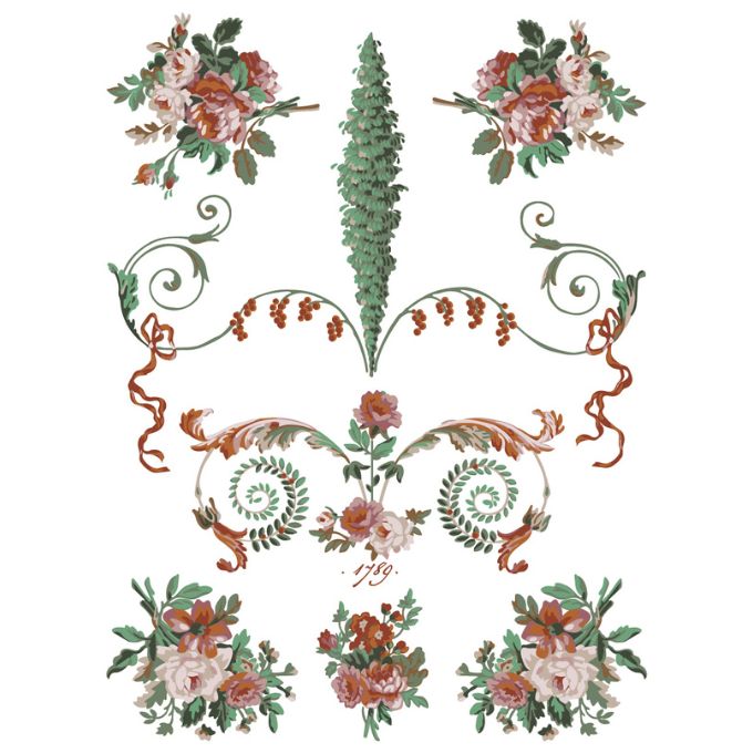 Decorative design with floral elements and swirling patterns on a white background. La Folie Paint Inlay by IOD - Limited Edition available at Rustic Ranch Furniture and Decor.