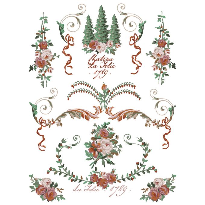 Decorative design with floral elements and text on a white background. La Folie Paint Inlay by IOD - Limited Edition available at Rustic Ranch Furniture and Decor.