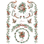 Decorative design with floral elements, birds, and text on a white background. La Folie Paint Inlay by IOD - Limited Edition available at Rustic Ranch Furniture and Decor.