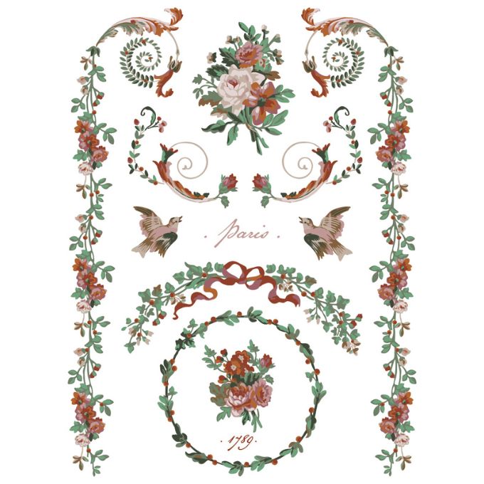 Decorative design with floral elements, birds, and text on a white background. La Folie Paint Inlay by IOD - Limited Edition available at Rustic Ranch Furniture and Decor.