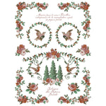 Decorative design with floral wreaths, birds, and trees on a white background. La Folie Paint Inlay by IOD - Limited Edition available at Rustic Ranch Furniture and Decor.