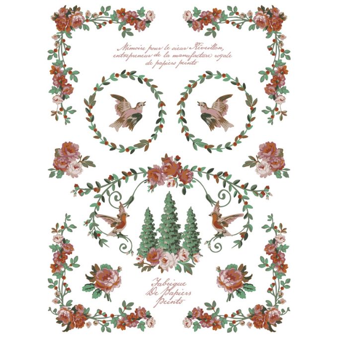 Decorative design with floral wreaths, birds, and trees on a white background. La Folie Paint Inlay by IOD - Limited Edition available at Rustic Ranch Furniture and Decor.