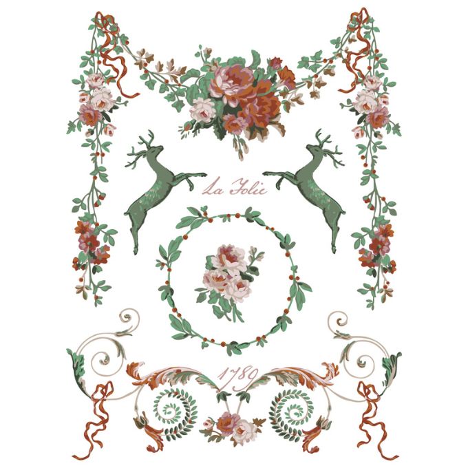 Decorative design with floral elements and deer figures on a white background. La Folie Paint Inlay by IOD - Limited Edition available at Rustic Ranch Furniture and Decor.