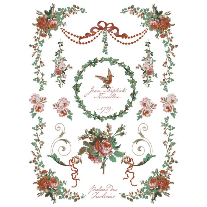 Decorative floral design with ribbons and text on a white background. La Folie Paint Inlay by IOD - Limited Edition available at Rustic Ranch Furniture and Decor.