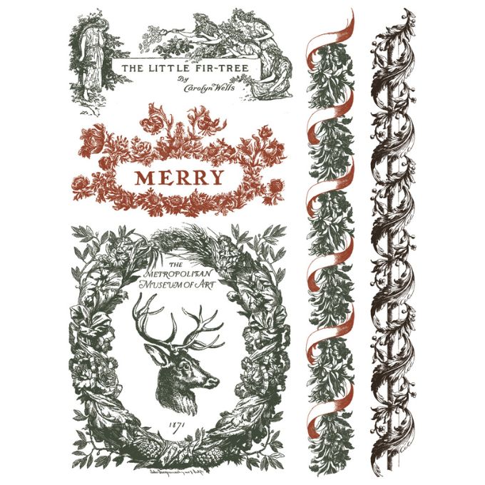 Decorative design with text and illustrations of a deer head, wreath, and decorative elements on a white background. Twelfth Night Paint Inlay by IOD - Limited Edition available at Rustic Ranch Furniture and Decor.