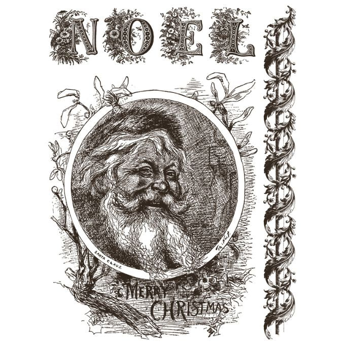 Vintage-style illustration of a bearded man with 'NOEL' and 'Merry Christmas' text. Twelfth Night Paint Inlay by IOD - Limited Edition available at Rustic Ranch Furniture and Decor.