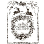 Decorative Christmas design with reindeer, wreath, and text 'Christmas comes but once a year' on a white background. Twelfth Night Paint Inlay by IOD - Limited Edition available at Rustic Ranch Furniture and Decor.