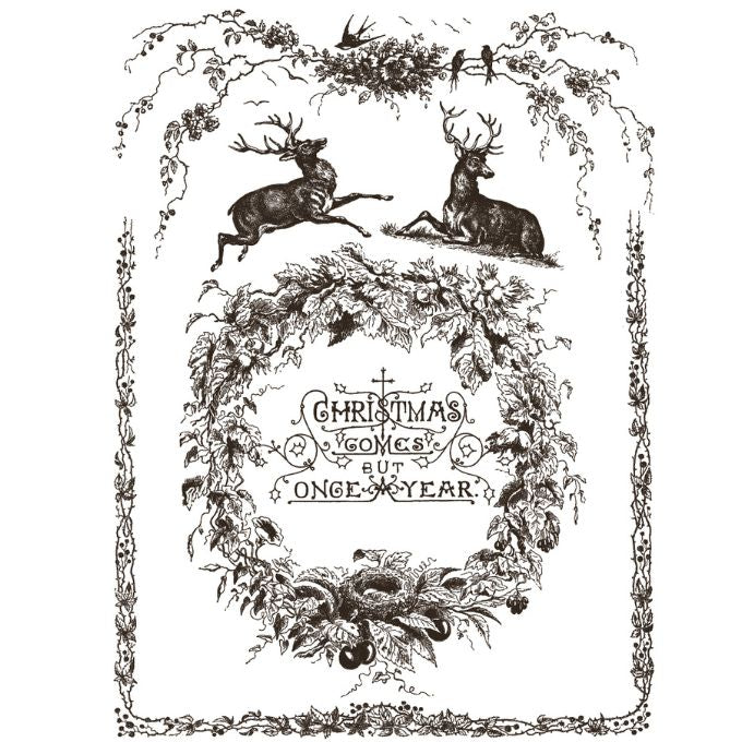 Decorative Christmas design with reindeer, wreath, and text 'Christmas comes but once a year' on a white background. Twelfth Night Paint Inlay by IOD - Limited Edition available at Rustic Ranch Furniture and Decor.