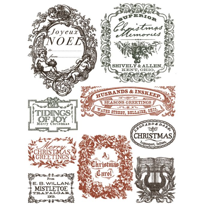Collection of vintage Christmas-themed labels and text on a white background. Twelfth Night Paint Inlay by IOD - Limited Edition available at Rustic Ranch Furniture and Decor.