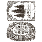 Decorative design with ferns and floral elements, featuring the text 'Trust in the Lord'. Twelfth Night Paint Inlay by IOD - Limited Edition available at Rustic Ranch Furniture and Decor.