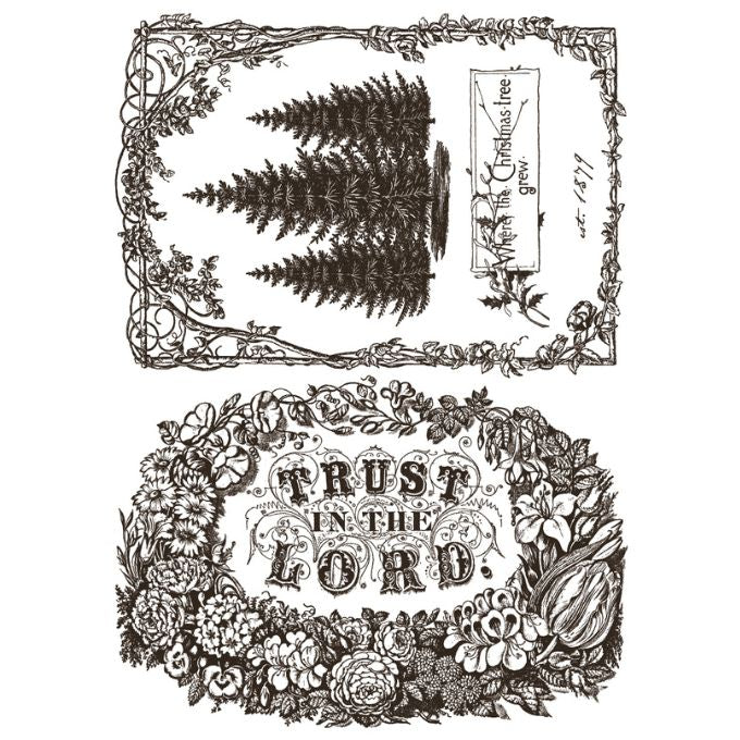 Decorative design with ferns and floral elements, featuring the text 'Trust in the Lord'. Twelfth Night Paint Inlay by IOD - Limited Edition available at Rustic Ranch Furniture and Decor.