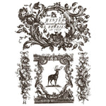 Decorative black and white design with floral elements and a deer, featuring text 'Winter Eucalyptus & Berries'. Twelfth Night Paint Inlay by IOD - Limited Edition available at Rustic Ranch Furniture and Decor.