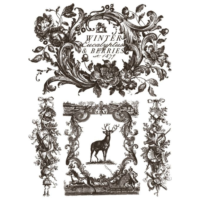 Decorative black and white design with floral elements and a deer, featuring text 'Winter Eucalyptus & Berries'. Twelfth Night Paint Inlay by IOD - Limited Edition available at Rustic Ranch Furniture and Decor.