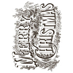 Decorative 'Merry Christmas' text with floral elements on a white background. Twelfth Night Paint Inlay by IOD - Limited Edition available at Rustic Ranch Furniture and Decor.