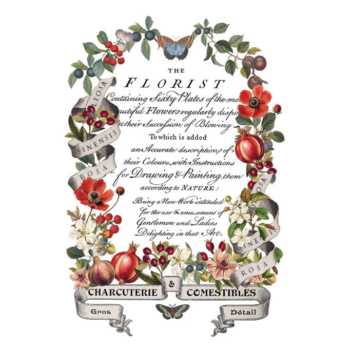 Decorative floral design with text on a white background. Clementine Transfer by IOD available at Rustic Ranch Furniture and Decor.