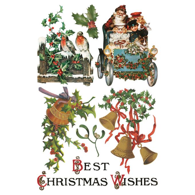 Vintage-style Christmas scene with Santa, birds, and holly leaves on a white background. Christmas Joy Transfer by IOD available at Rustic Ranch Furniture and Decor.