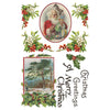 Vintage-style Christmas card with Santa Claus and holly decorations. Christmas Joy Transfer by IOD available at Rustic Ranch Furniture and Decor.