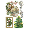 Vintage-style Christmas decorations with a tree, bells, and winter scene. Christmas Joy Transfer by IOD available at Rustic Ranch Furniture and Decor.