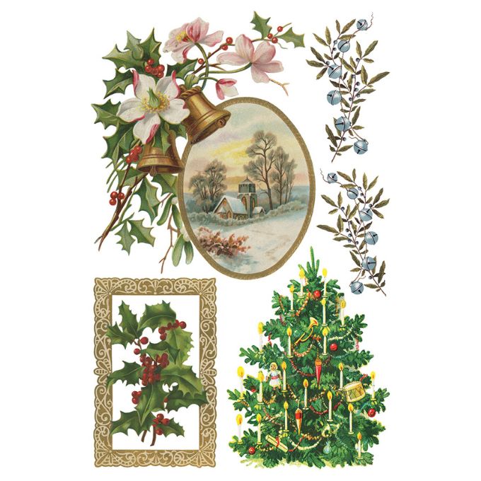 Vintage-style Christmas decorations with a tree, bells, and winter scene. Christmas Joy Transfer by IOD available at Rustic Ranch Furniture and Decor.