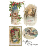 Collection of vintage-style Christmas cards with winter scenes and text. Christmas Joy Transfer by IOD available at Rustic Ranch Furniture and Decor.
