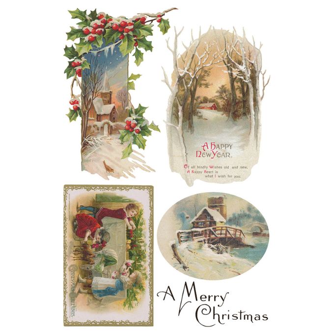 Collection of vintage-style Christmas cards with winter scenes and text. Christmas Joy Transfer by IOD available at Rustic Ranch Furniture and Decor.