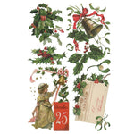 Vintage-style Christmas decorations with holly, bells, and a girl holding a telegram. Christmas Joy Transfer by IOD available at Rustic Ranch Furniture and Decor.