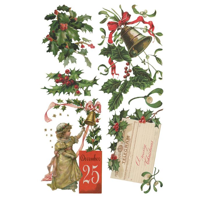 Vintage-style Christmas decorations with holly, bells, and a girl holding a telegram. Christmas Joy Transfer by IOD available at Rustic Ranch Furniture and Decor.
