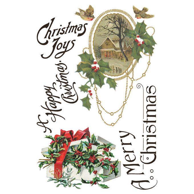 Decorative Christmas design with text and festive elements on a white background. Christmas Joy Transfer by IOD available at Rustic Ranch Furniture and Decor.