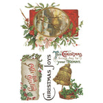 Decorative Christmas card with vintage-style elements and text on a white background. Christmas Joy Transfer by IOD available at Rustic Ranch Furniture and Decor.