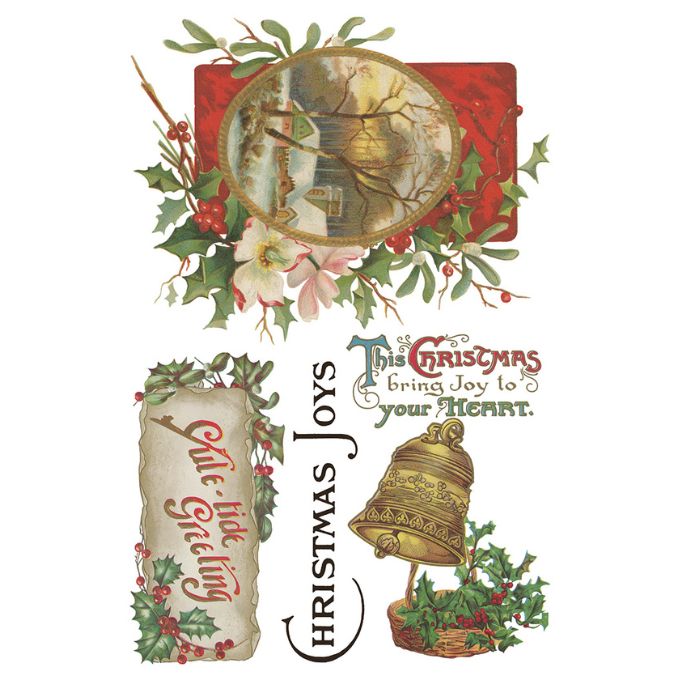 Decorative Christmas card with vintage-style elements and text on a white background. Christmas Joy Transfer by IOD available at Rustic Ranch Furniture and Decor.