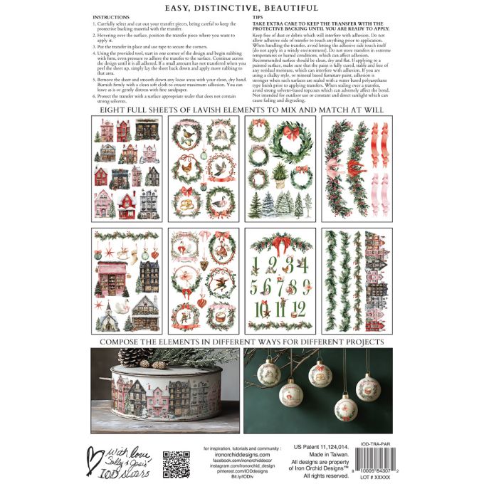 Back cover of a product packaging with Christmas-themed elements and instructions. Partridge Lane Transfer by IOD available at Rustic Ranch Furniture and Decor.