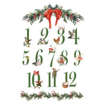  advent calendar transfer with numbers and festive illustrations on a white background. Partridge Lane Transfer by IOD available at Rustic Ranch Furniture and Decor.