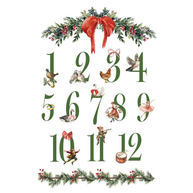  advent calendar transfer with numbers and festive illustrations on a white background. Partridge Lane Transfer by IOD available at Rustic Ranch Furniture and Decor.