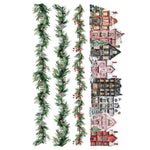 Decorative garland with Christmas trees and a row of colorful houses on a white background. Partridge Lane Transfer by IOD available at Rustic Ranch Furniture and Decor.