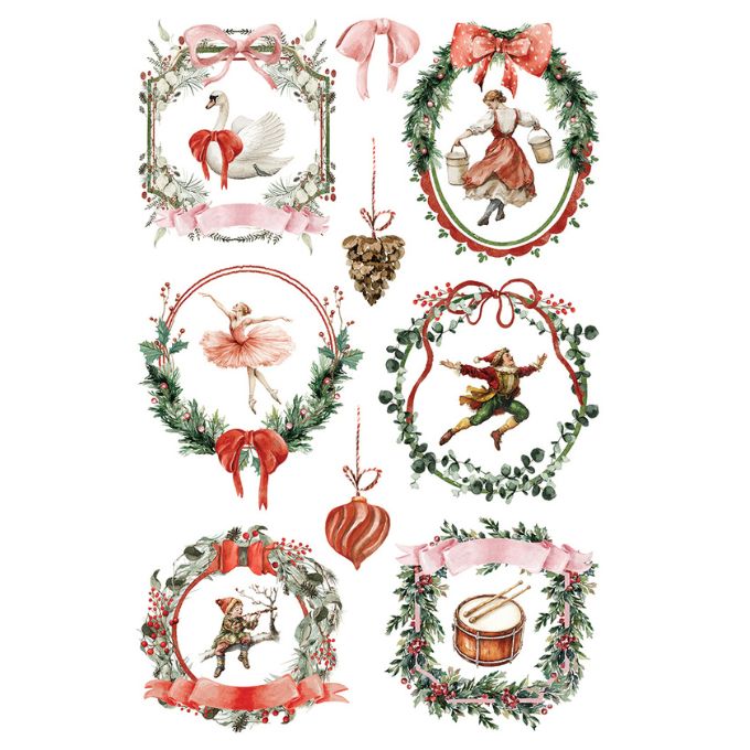Set of decorative Christmas wreaths with various characters and elements on a white background. Partridge Lane Transfer by IOD available at Rustic Ranch Furniture and Decor.