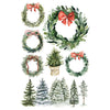 Set of Christmas-themed illustrations including wreaths with red bows and small trees on a white background. Partridge Lane Transfer by IOD available at Rustic Ranch Furniture and Decor.