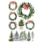 Set of Christmas-themed illustrations including wreaths with red bows and small trees on a white background. Partridge Lane Transfer by IOD available at Rustic Ranch Furniture and Decor.