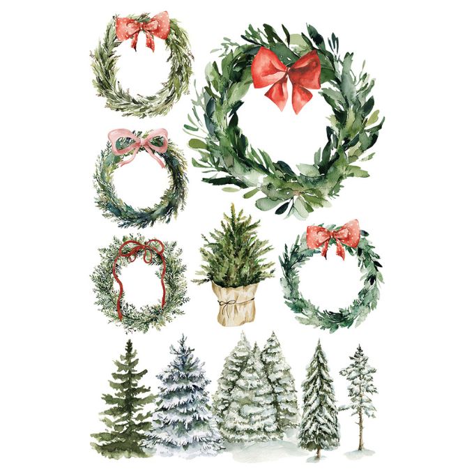 Set of Christmas-themed illustrations including wreaths with red bows and small trees on a white background. Partridge Lane Transfer by IOD available at Rustic Ranch Furniture and Decor.