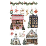 Collection of Christmas-themed illustrations including houses, trees, and ornaments on a white background. Partridge Lane Transfer by IOD available at Rustic Ranch Furniture and Decor.