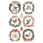 Set of Christmas-themed decorative elements with wreaths, birds, and ribbons on a white background. Partridge Lane Transfer by IOD available at Rustic Ranch Furniture and Decor.