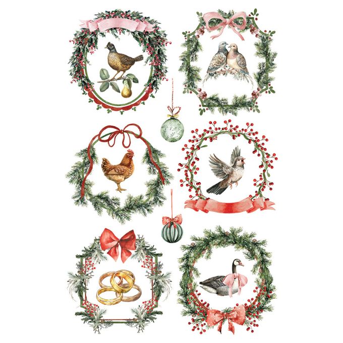 Set of Christmas-themed decorative elements with wreaths, birds, and ribbons on a white background. Partridge Lane Transfer by IOD available at Rustic Ranch Furniture and Decor.