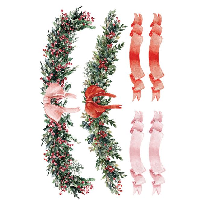 Decorative garland with red and pink ribbons on a white background. Partridge Lane Transfer by IOD available at Rustic Ranch Furniture and Decor.