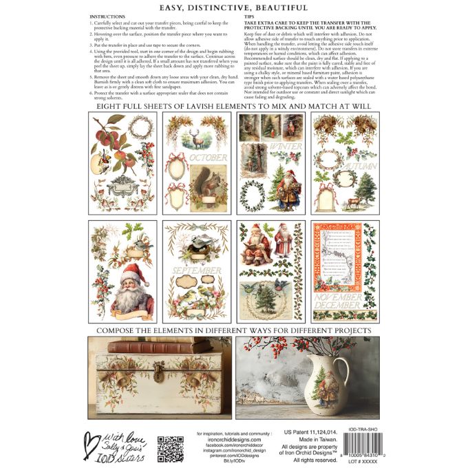 Packaging for decoupage paper with Christmas-themed designs and instructions. Santa's Hollow Transfer by IOD available at Rustic Ranch Furniture and Decor.