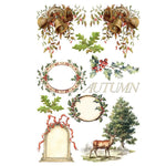 Decorative elements with autumn theme including wreaths, leaves, and a deer, on a white background. Santa's Hollow Transfer by IOD available at Rustic Ranch Furniture and Decor.
