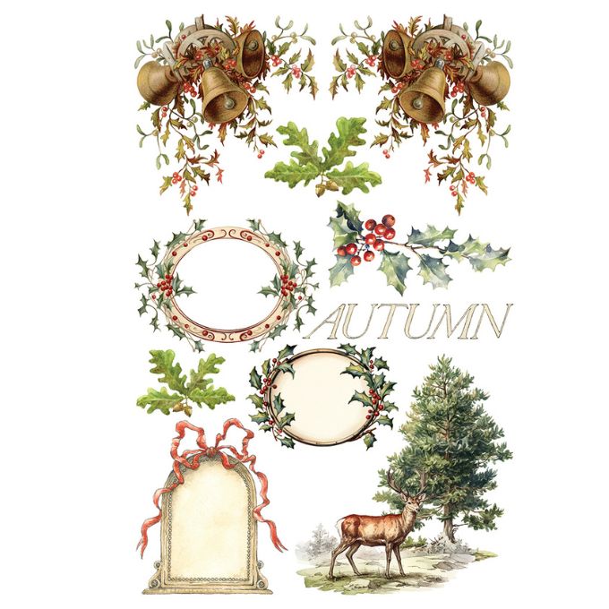 Decorative elements with autumn theme including wreaths, leaves, and a deer, on a white background. Santa's Hollow Transfer by IOD available at Rustic Ranch Furniture and Decor.