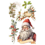 Vintage-style illustration of Santa Claus with decorative elements on a white background. Santa's Hollow Transfer by IOD available at Rustic Ranch Furniture and Decor.