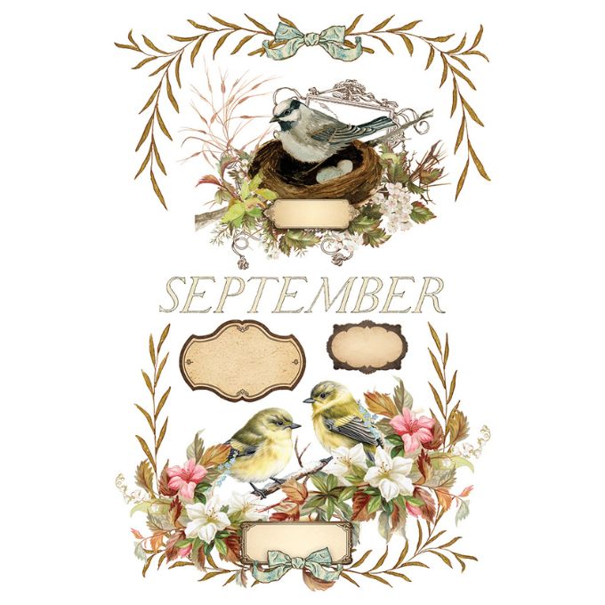 Decorative design with birds, flowers, and leaves around 'September' text on a white background. Santa's Hollow Transfer by IOD available at Rustic Ranch Furniture and Decor.