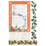 Decorative calendar with holly leaves and berries, featuring text and 'November December' at the bottom. Santa's Hollow Transfer by IOD available at Rustic Ranch Furniture and Decor.