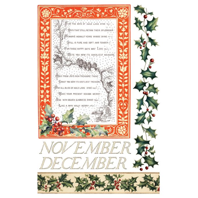 Decorative calendar with holly leaves and berries, featuring text and 'November December' at the bottom. Santa's Hollow Transfer by IOD available at Rustic Ranch Furniture and Decor.