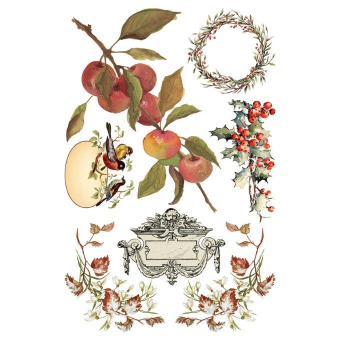 Decorative design with apples, leaves, and a wreath on a white background. Santa's Hollow Transfer by IOD available at Rustic Ranch Furniture and Decor.